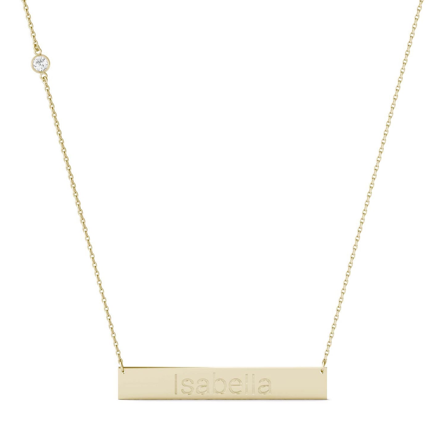 Personalized Block Name Bar Necklace in 14K Yellow Gold with Forever One Moissanite Accent