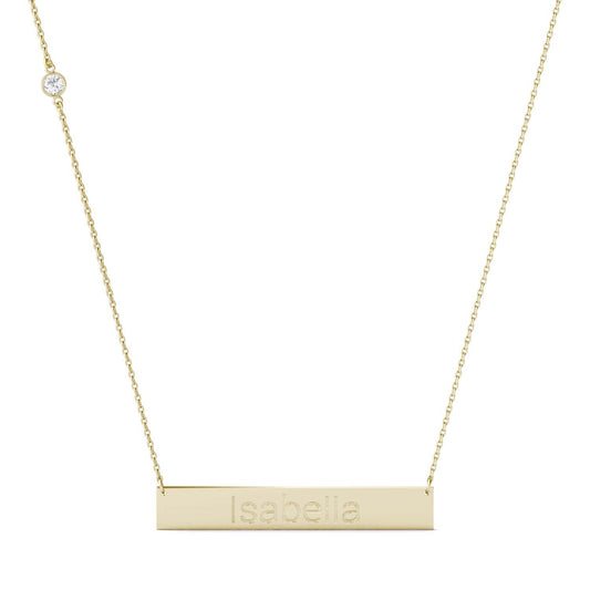 Personalized Block Name Bar Necklace in 14K Yellow Gold with Forever One Moissanite Accent