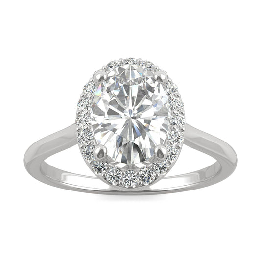 2.39 CTW DEW Oval Forever One Moissanite Signature Halo Engagement Ring in 14K White Gold