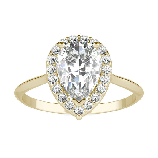 1.71 CTW DEW Pear Forever One Moissanite Signature Halo Engagement Ring in 14K Yellow Gold