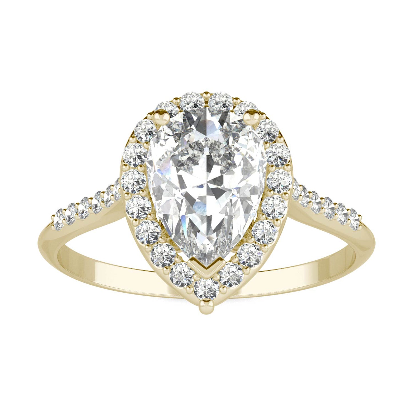 1.84 CTW DEW Pear Forever One Moissanite Signature Halo with Side Stones Engagement Ring in 14K Yellow Gold