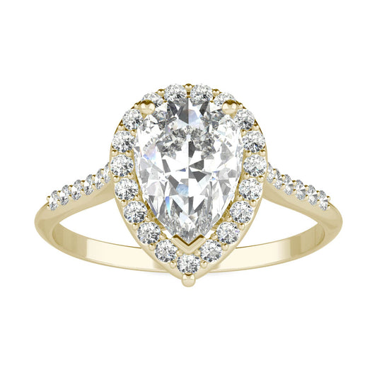 1.84 CTW DEW Pear Forever One Moissanite Signature Halo with Side Stones Engagement Ring in 14K Yellow Gold