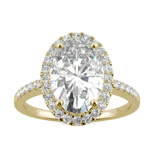 4.75 CTW DEW Elongated Oval Forever One Moissanite Halo Engagement Ring in 14K Yellow Gold