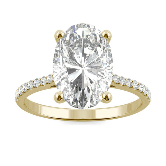 4.58 CTW DEW Elongated Oval Forever One Moissanite Side-Stone Engagement Ring in 14K Yellow Gold