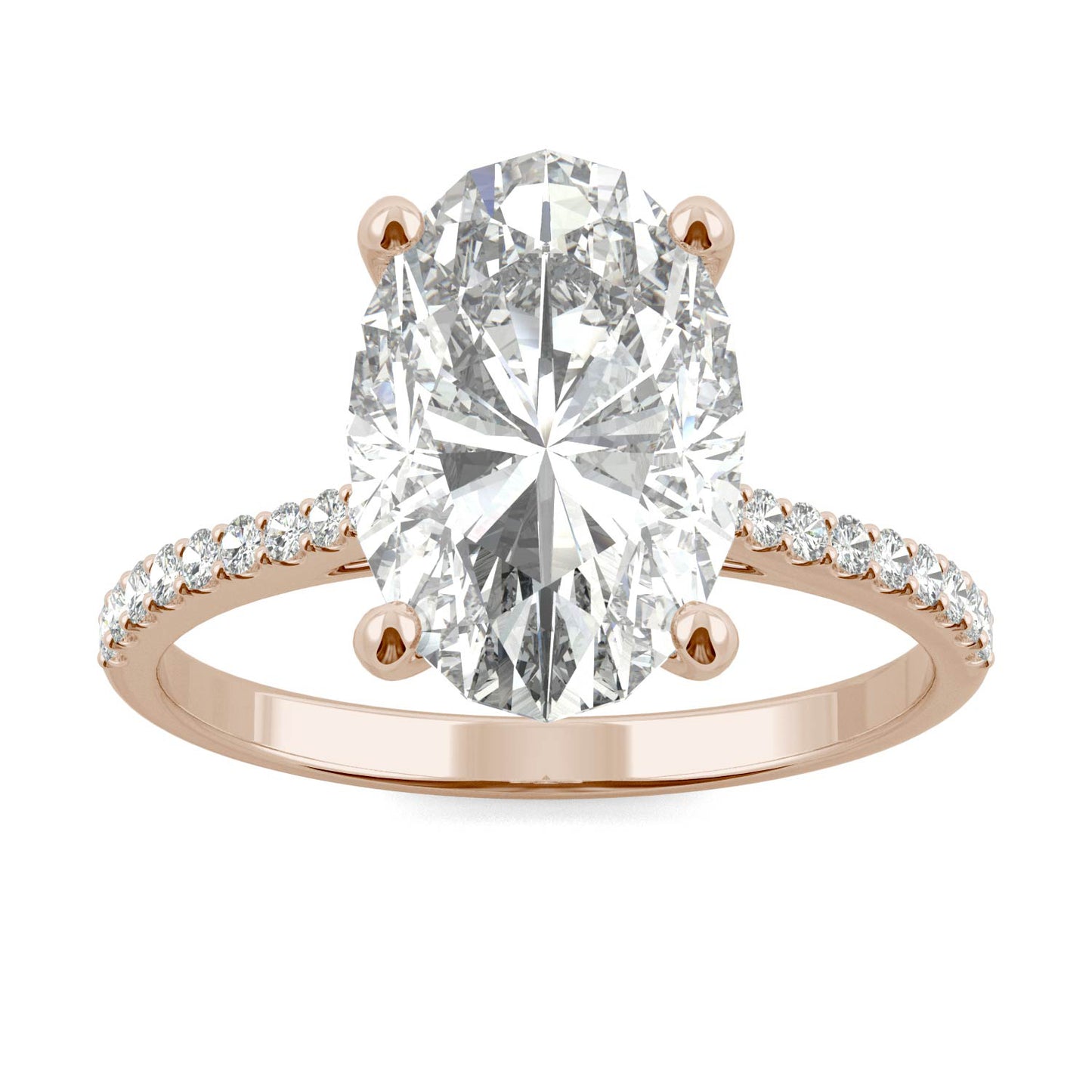 4.58 CTW DEW Elongated Oval Forever One Moissanite Side-Stone Engagement Ring in 14K Rose Gold
