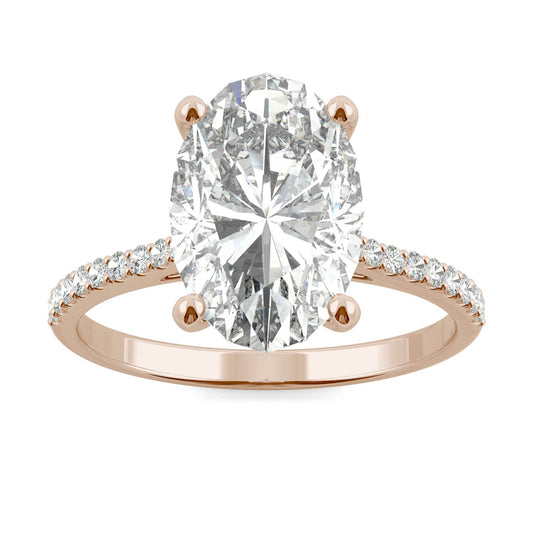 4.58 CTW DEW Elongated Oval Forever One Moissanite Side-Stone Engagement Ring in 14K Rose Gold