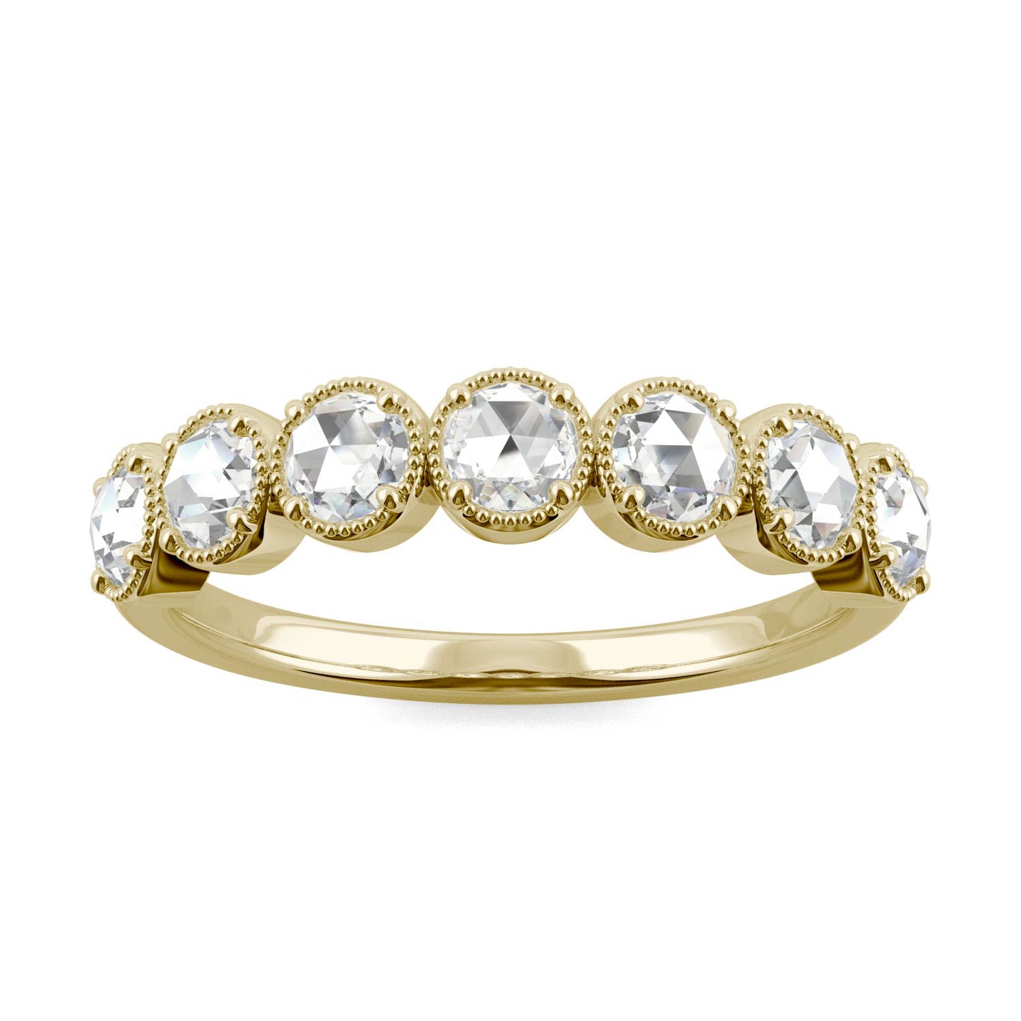 0.49 CTW DEW Round Forever One Moissanite Seven Stone Milgrain Band in 14K Yellow Gold
