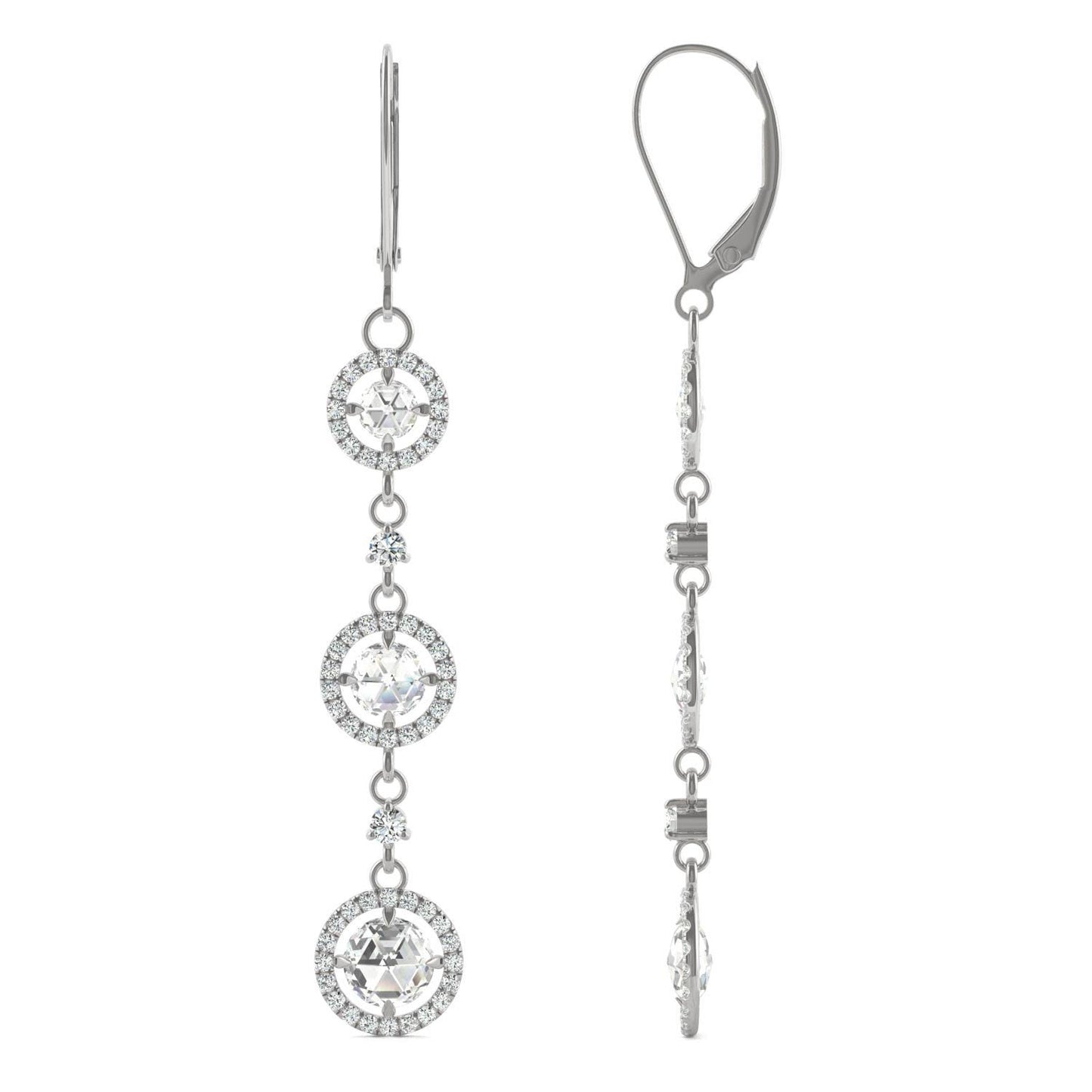2.18 CTW DEW Round Forever One Moissanite Duet Rose Triple Tier Halo Drop Earrings in 14K White Gold