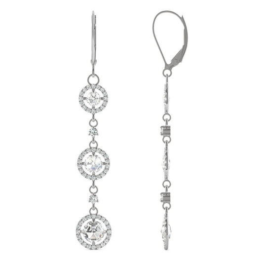 2.18 CTW DEW Round Forever One Moissanite Duet Rose Triple Tier Halo Drop Earrings in 14K White Gold