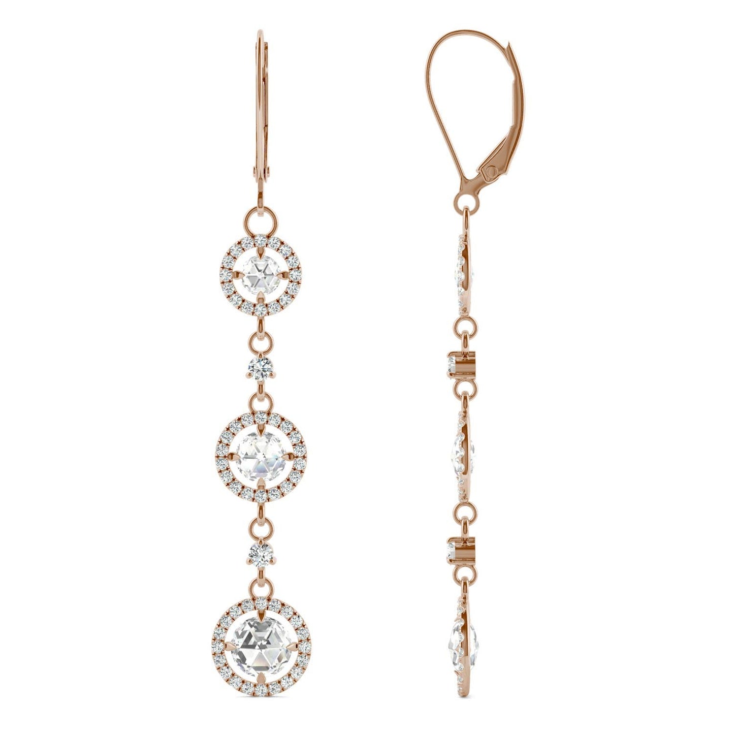 2.18 CTW DEW Round Forever One Moissanite Duet Rose Triple Tier Halo Drop Earrings in 14K Rose Gold