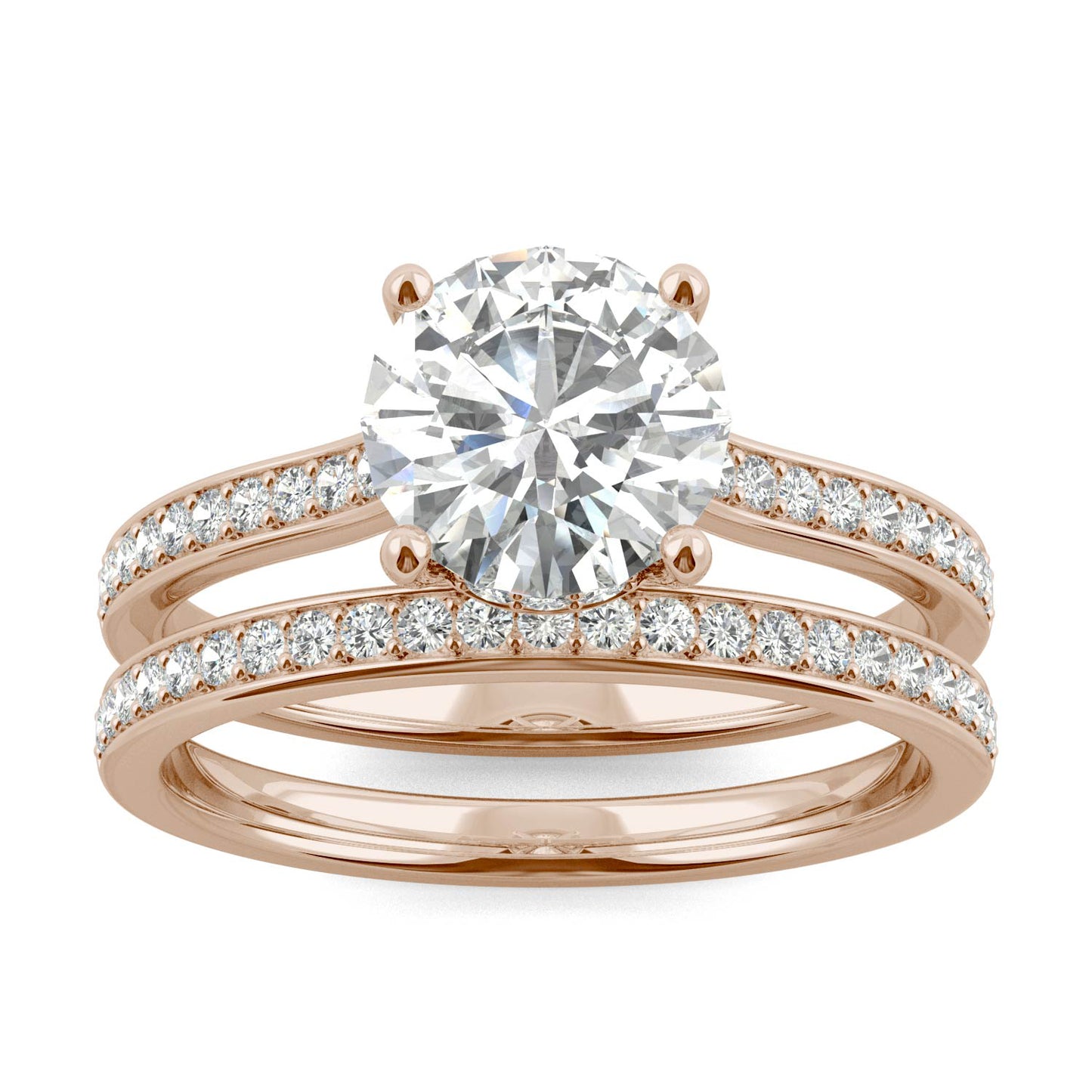 2.02 CTW DEW Round Forever One Moissanite Hidden Halo with Side Accents Bridal Set Ring in 14K Rose Gold