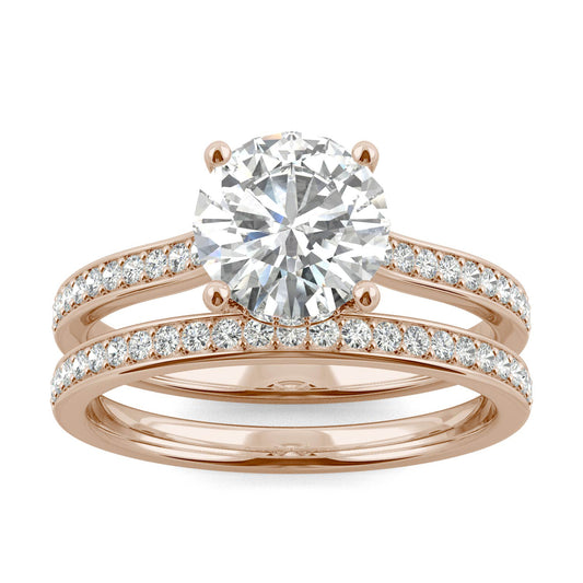 2.02 CTW DEW Round Forever One Moissanite Hidden Halo with Side Accents Bridal Set Ring in 14K Rose Gold