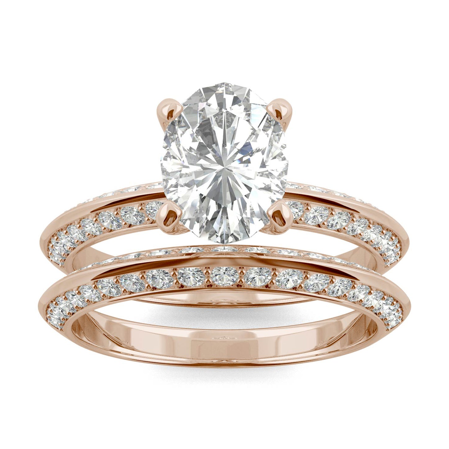 2.91 CTW DEW Oval Forever One Moissanite Knife Edge Accented Bridal Set Ring in 14K Rose Gold