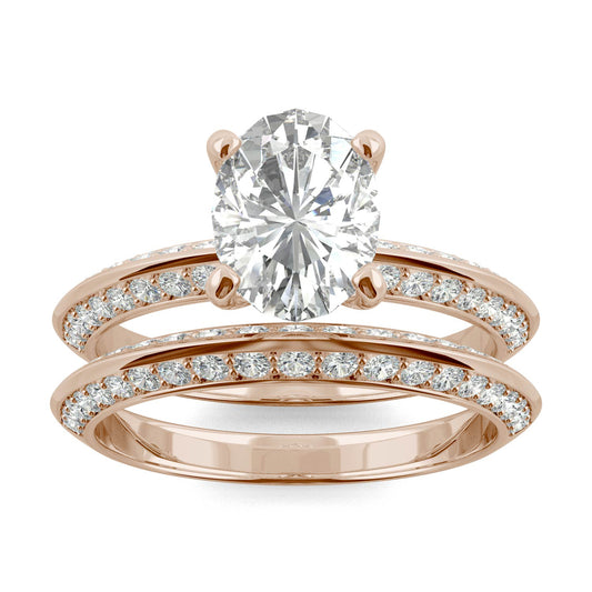 2.91 CTW DEW Oval Forever One Moissanite Knife Edge Accented Bridal Set Ring in 14K Rose Gold