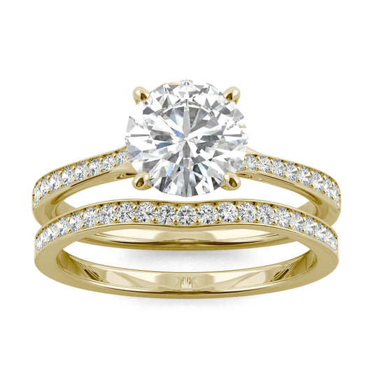 1.91 CTW DEW Round Forever One Moissanite Side-Stone Bridal Set with Hidden Halo Ring in 14K Yellow Gold