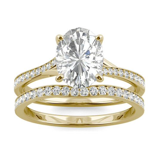 2.43 CTW DEW Oval Forever One Moissanite Side Stone with Hidden Halo Bridal Set Ring in 14K Yellow Gold