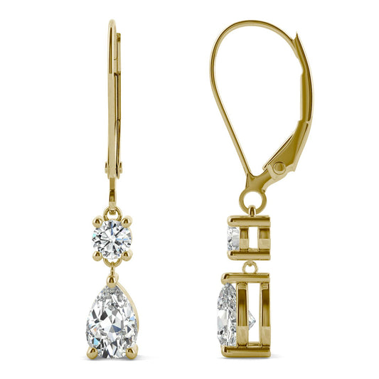 Pear and Round Drop Moissanite Earrings 1.06CTW DEW in 14K Yellow Gold