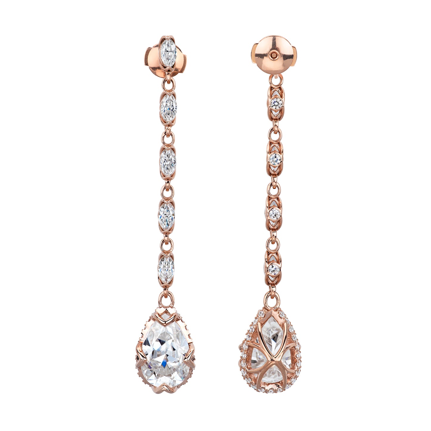 8.90 CTW DEW Forever One Moissanite Pear & Marquise Drop Earrings in 14K Rose Gold