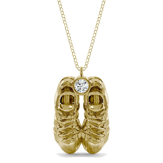 0.10 CTW DEW Round Forever One Moissanite Soccer Cleats Necklace 14K Yellow Gold