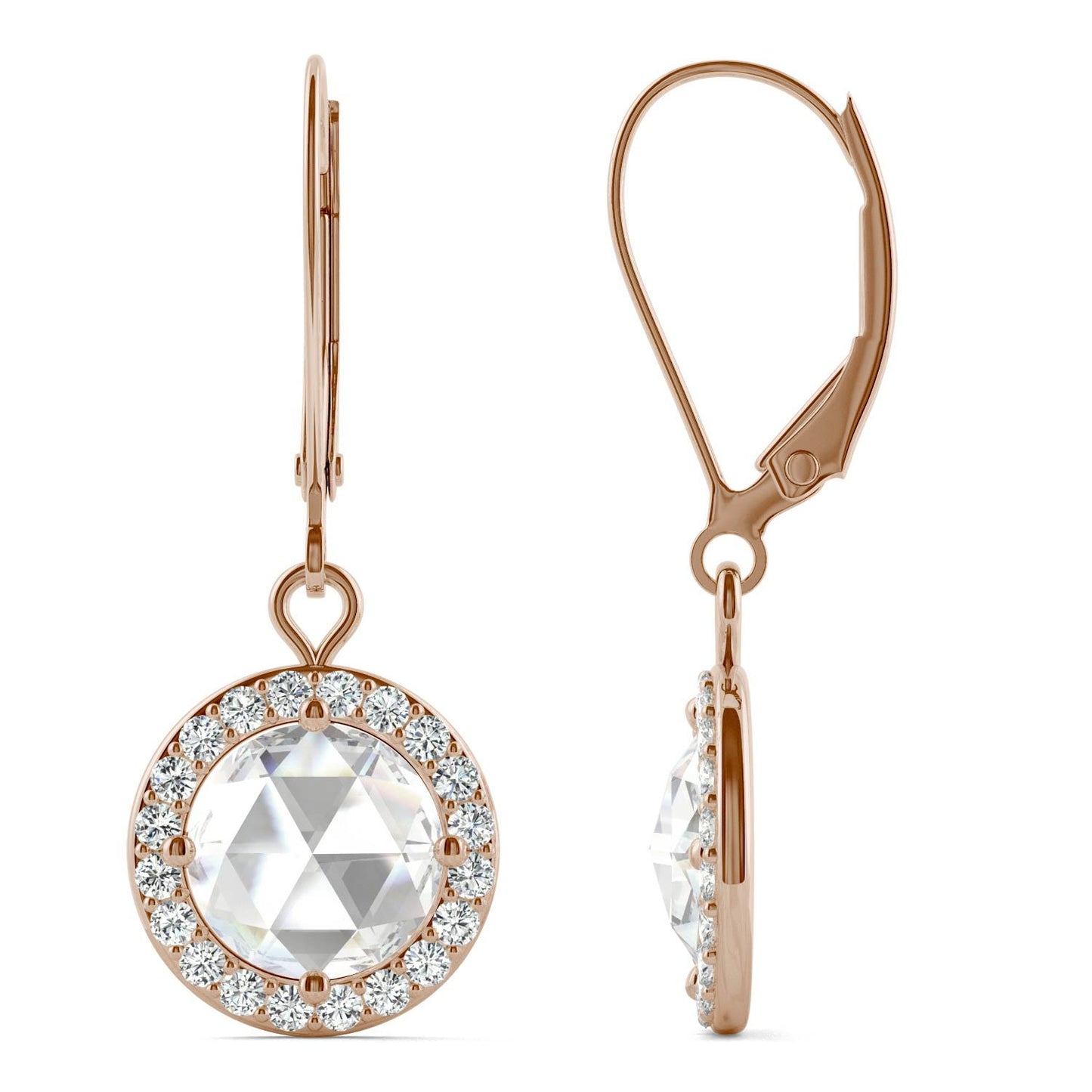 1.78 CTW DEW Round Forever One Moissanite Halo Drop Earrings in 14K Rose Gold
