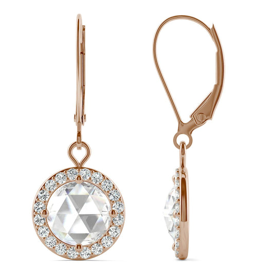1.78 CTW DEW Round Forever One Moissanite Halo Drop Earrings in 14K Rose Gold