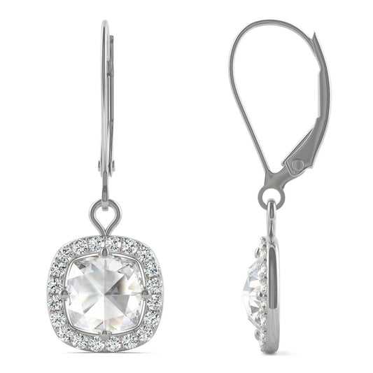 1.46 CTW DEW Cushion Forever One Moissanite Halo Drop Earrings in 14K White Gold