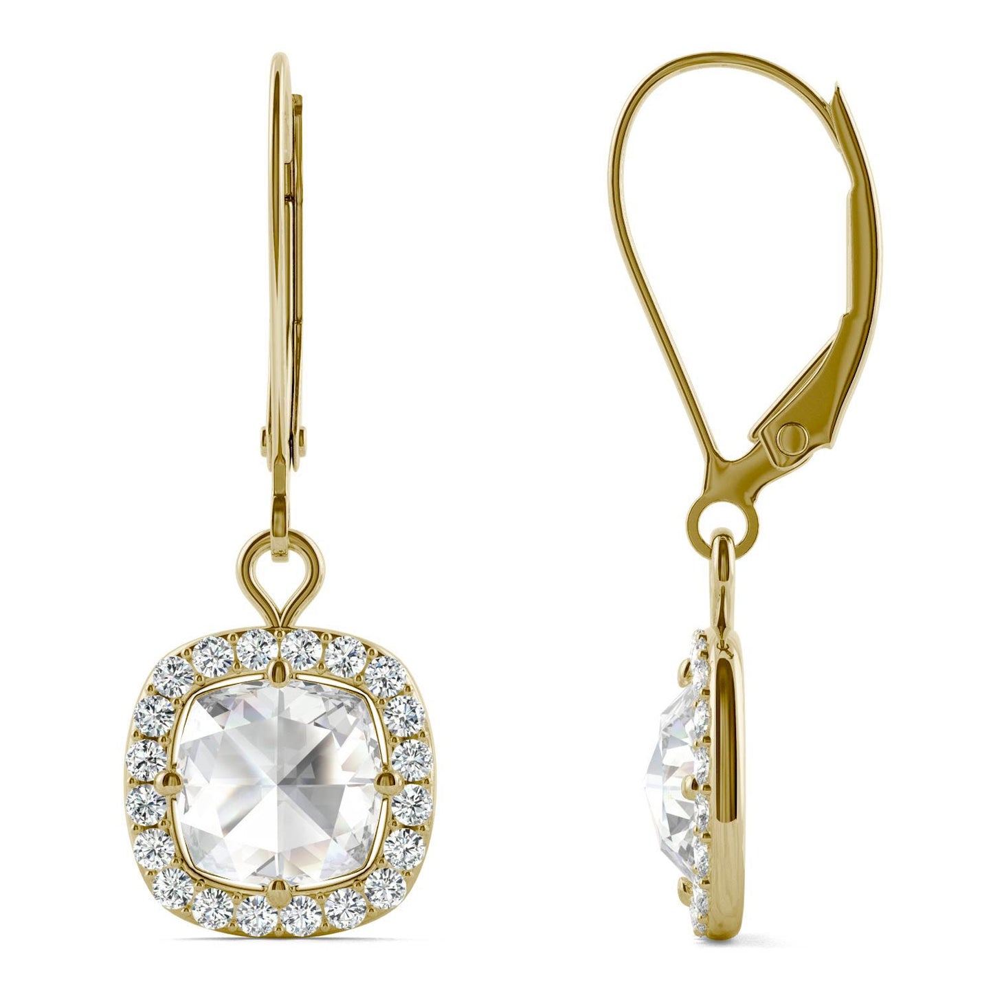 1.46 CTW DEW Cushion Forever One Moissanite Halo Drop Earrings in 14K Yellow Gold