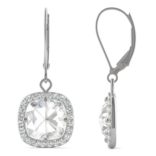 2.98 CTW DEW Cushion Forever One Moissanite Halo Drop Earrings in 14K White Gold