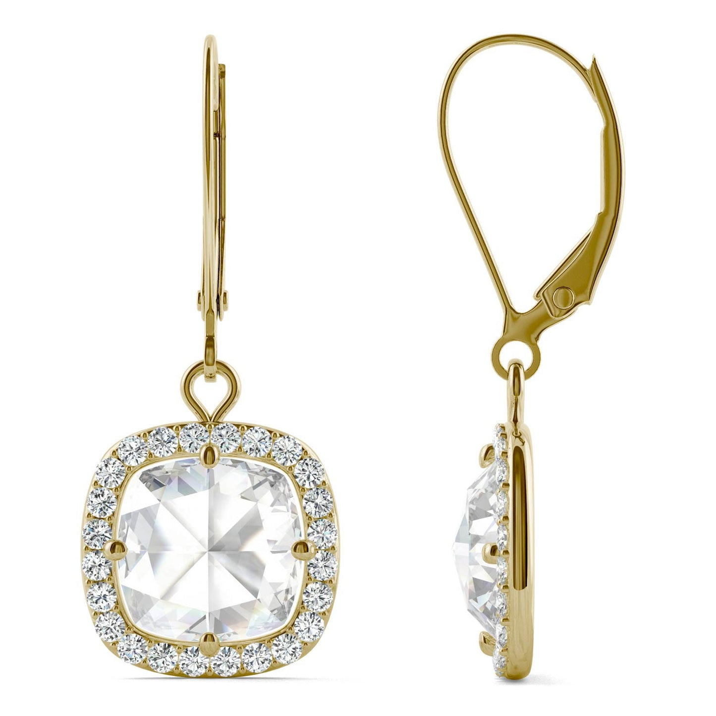 2.98 CTW DEW Cushion Forever One Moissanite Halo Drop Earrings in 14K Yellow Gold