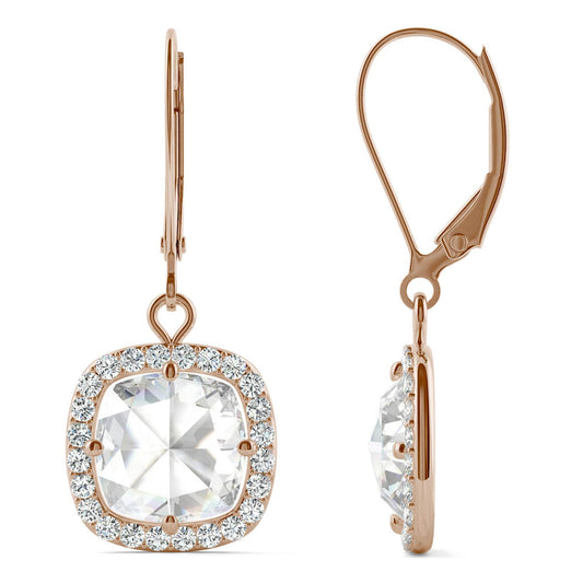 2.98 CTW DEW Cushion Forever One Moissanite Halo Drop Earrings in 14K Rose Gold