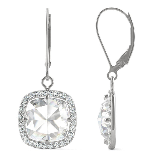4.25 CTW DEW Cushion Forever One Moissanite Halo Drop Earrings in 14K White Gold