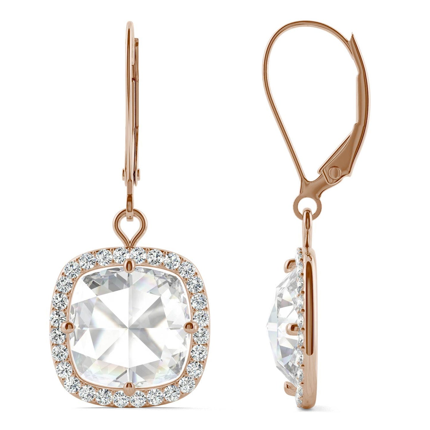 4.25 CTW DEW Cushion Forever One Moissanite Halo Drop Earrings in 14K Rose Gold