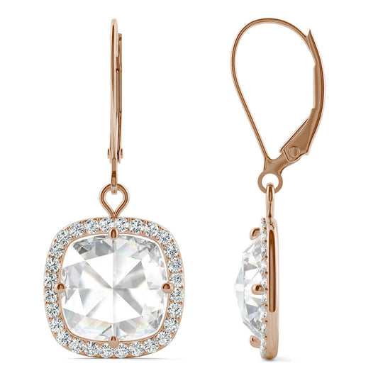 4.25 CTW DEW Cushion Forever One Moissanite Halo Drop Earrings in 14K Rose Gold