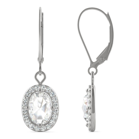 1.40 CTW DEW Cushion Forever One Moissanite Halo Drop Earrings in 14K White Gold