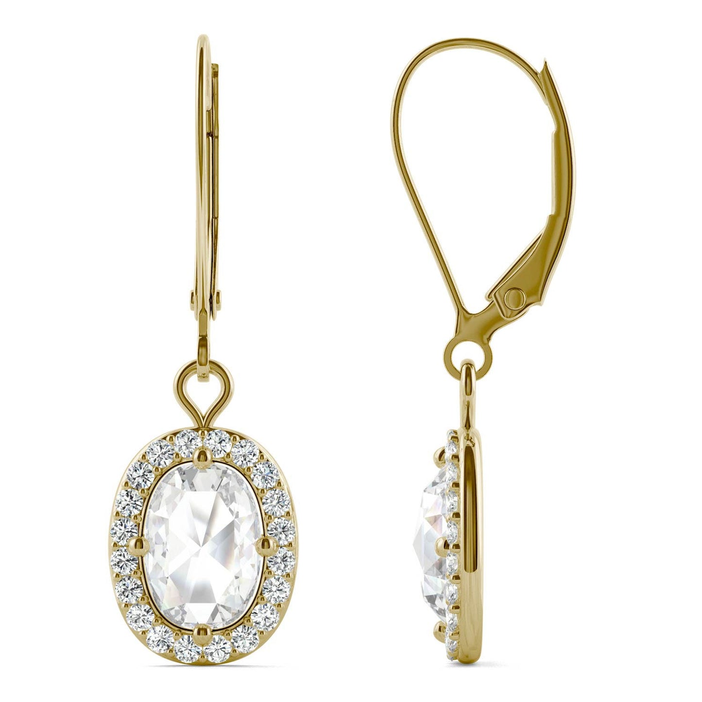 1.40 CTW DEW Cushion Forever One Moissanite Halo Drop Earrings in 14K Yellow Gold