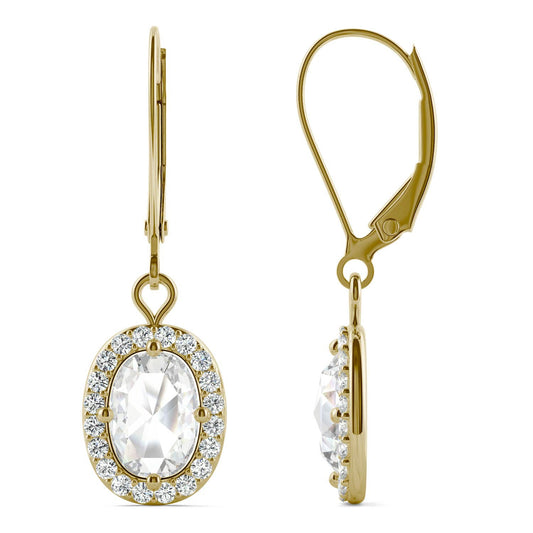 1.40 CTW DEW Cushion Forever One Moissanite Halo Drop Earrings in 14K Yellow Gold
