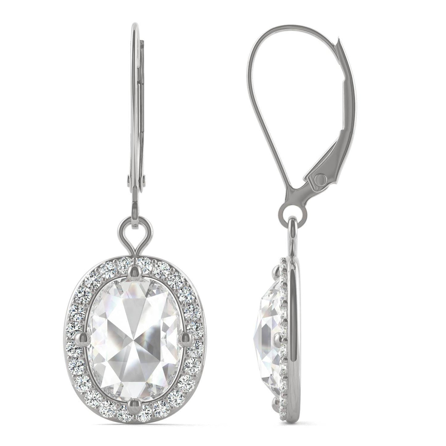 2.98 CTW DEW Cushion Forever One Moissanite Halo Drop Earrings in 14K White Gold