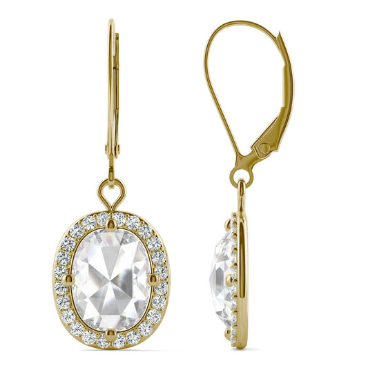 2.98 CTW DEW Cushion Forever One Moissanite Halo Drop Earrings in 14K Yellow Gold