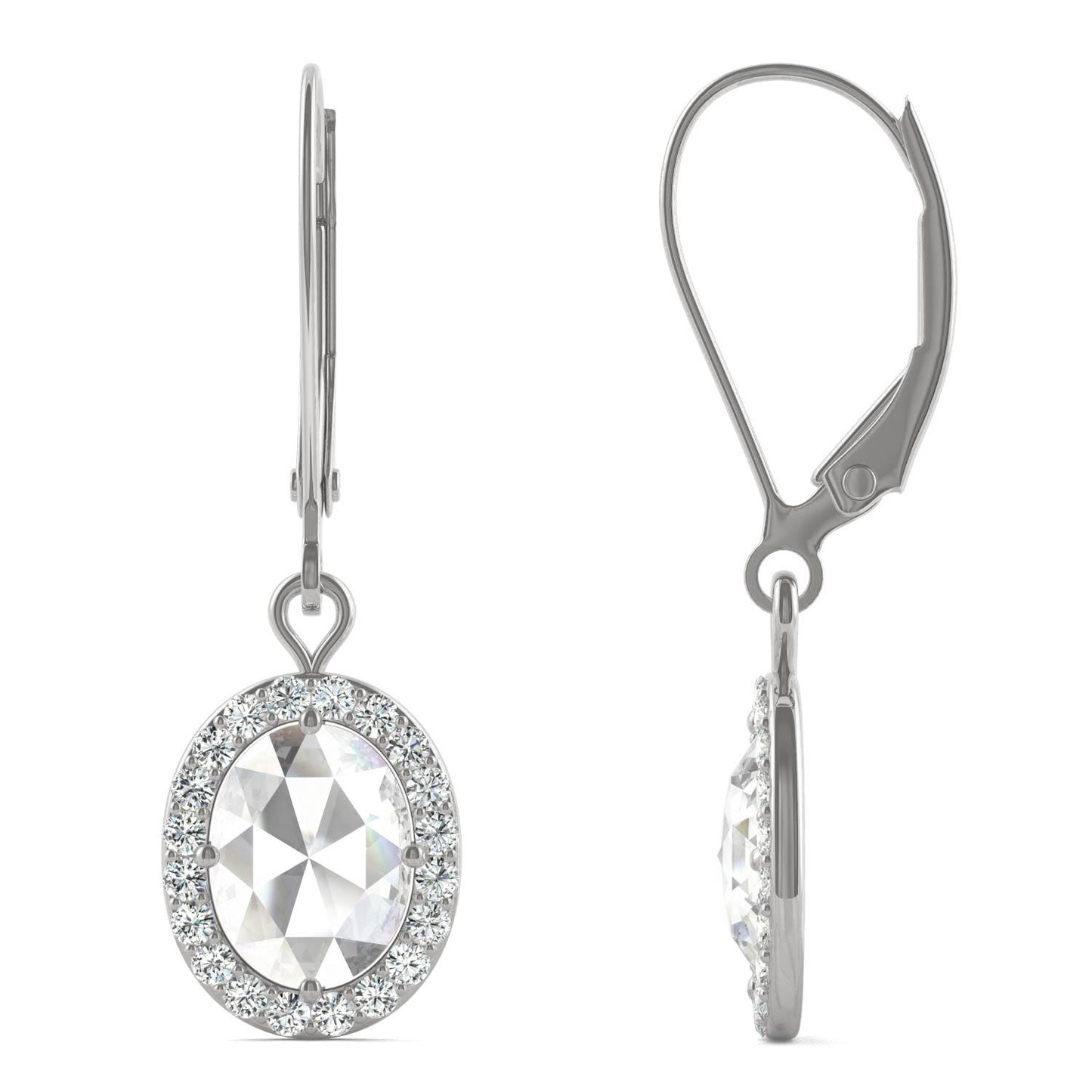 1.40 CTW DEW Oval Forever One Moissanite Halo Drop Earrings in 14K White Gold