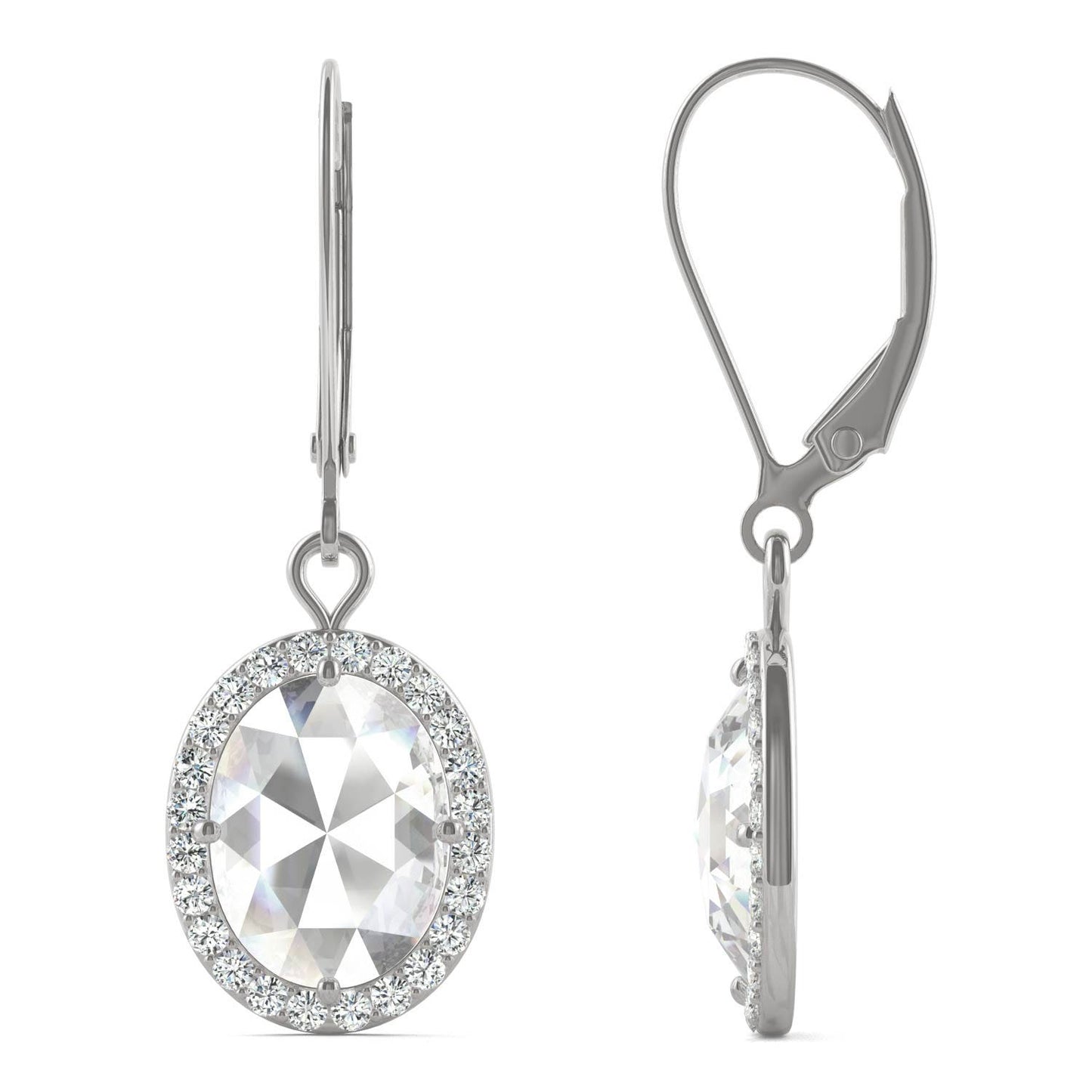 2.58 CTW DEW Oval Forever One Moissanite Halo Drop Earrings in 14K White Gold