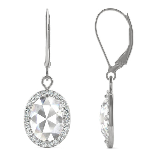 2.58 CTW DEW Oval Forever One Moissanite Halo Drop Earrings in 14K White Gold