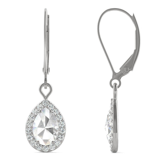 1.19 CTW DEW Pear Forever One Moissanite Halo Drop Earrings in 14K White Gold