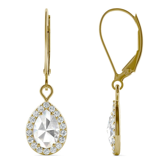 1.19 CTW DEW Pear Forever One Moissanite Halo Drop Earrings in 14K Yellow Gold