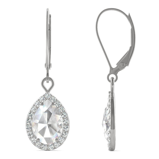 2.02 CTW DEW Pear Forever One Moissanite Halo Drop Earrings in 14K White Gold