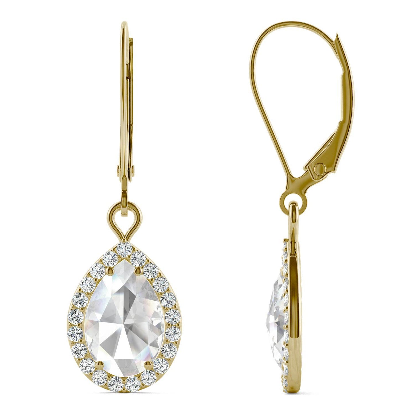 2.02 CTW DEW Pear Forever One Moissanite Halo Drop Earrings in 14K Yellow Gold