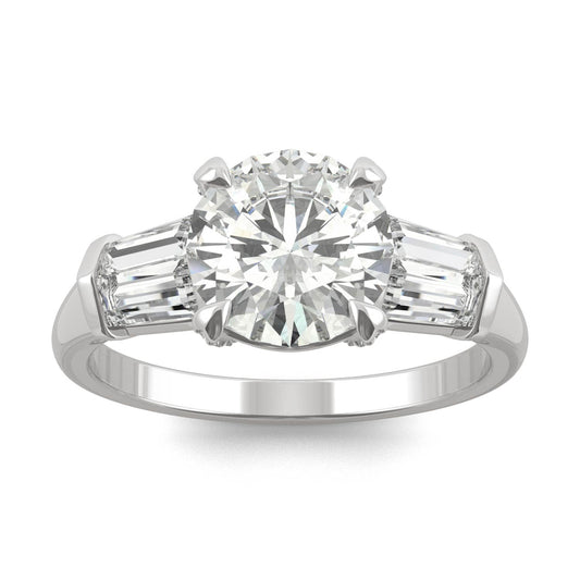 2.80 CTW DEW Round Forever One Moissanite Baguette Accented Engagement Ring in Platinum