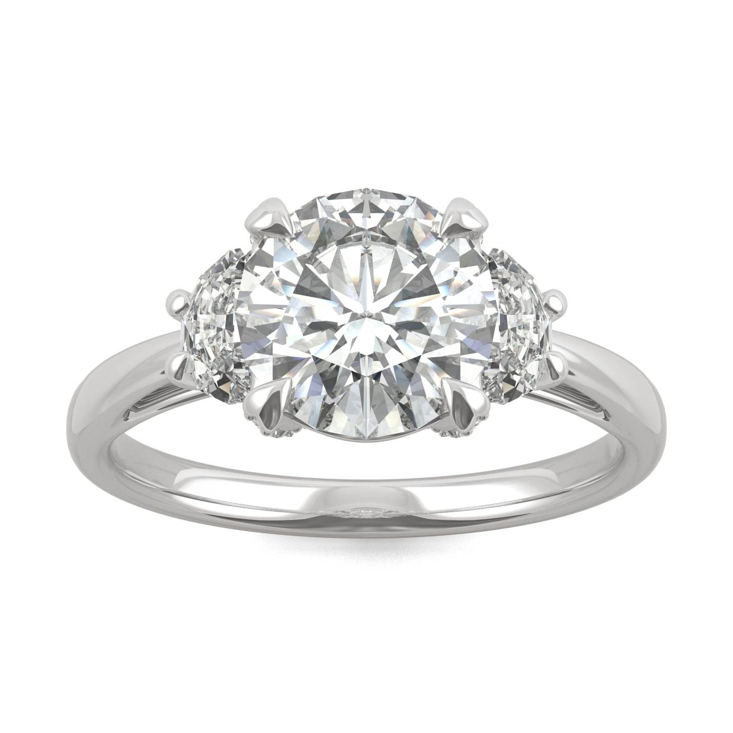 2.56 CTW DEW Round Forever One Moissanite Half Moon Accented Engagement Ring in Platinum