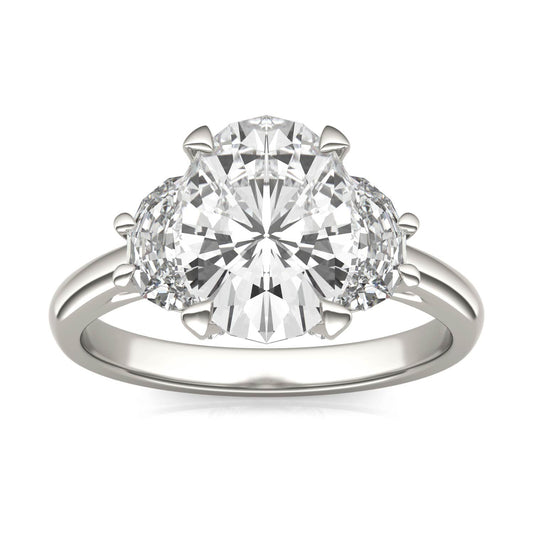 3.75 CTW DEW Oval Forever One Moissanite Half Moon Accented Engagement Ring in Platinum