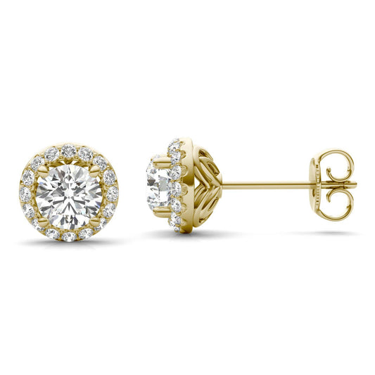 1 1/6 CTW Round Caydia Lab Grown Diamond Signature Halo Stud Earrings 18K Yellow Gold