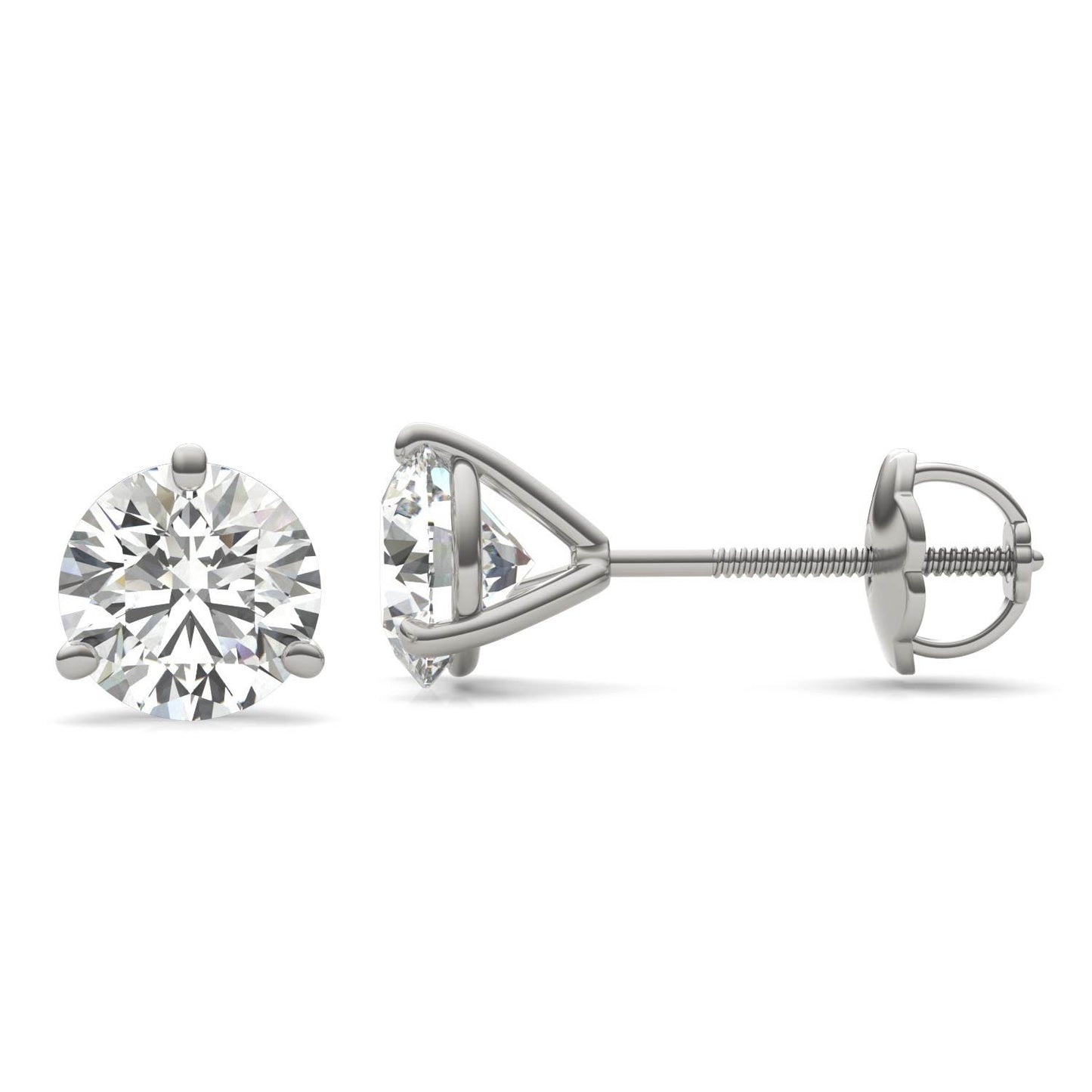 2 CTW Round Caydia Lab Grown Diamond Three Prong Screw-Back Martini Stud Earrings 18K White Gold